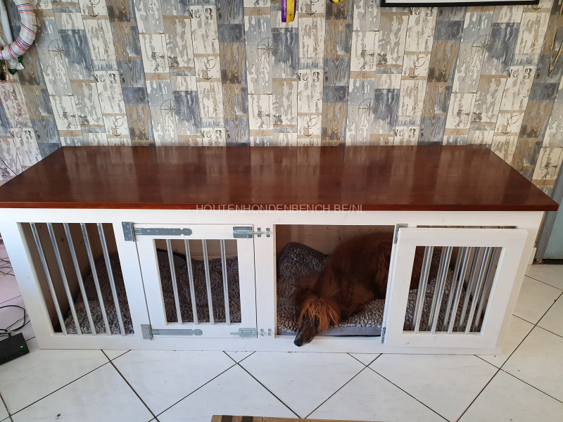 hondenbench hout in bruin met wit